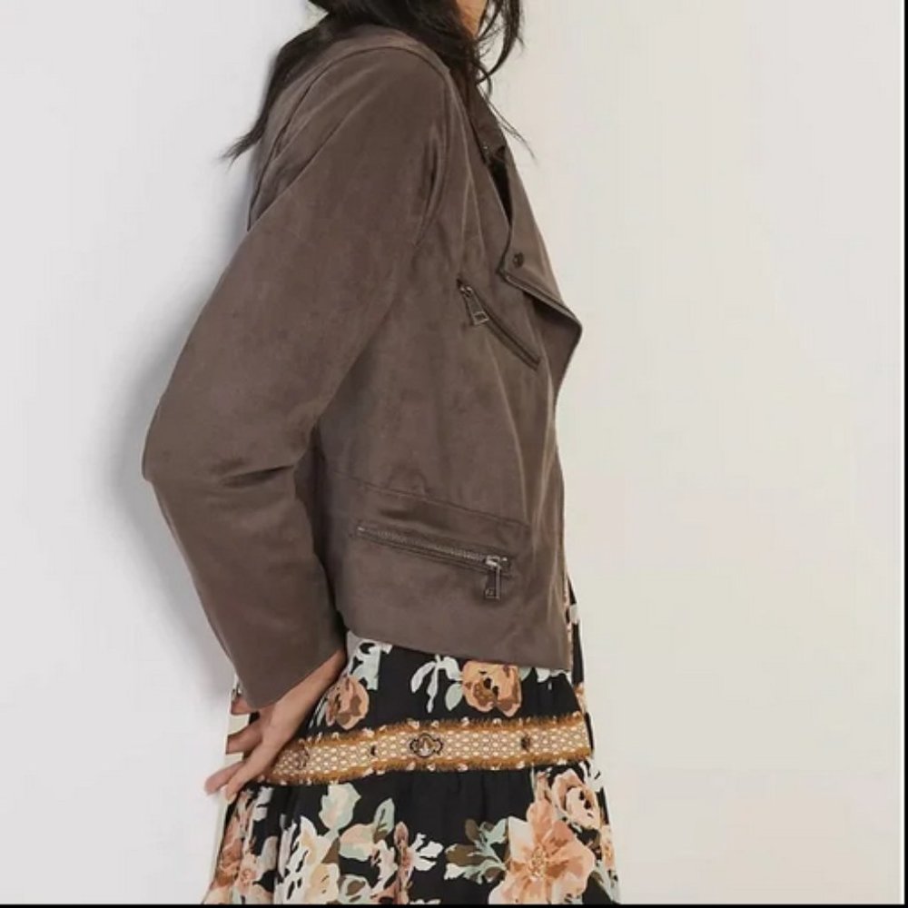 Anthropologie Hutch 3X Faux Suede Moto Jacket Coat Motorcycle Mocha Gray New - Picture 9 of 10